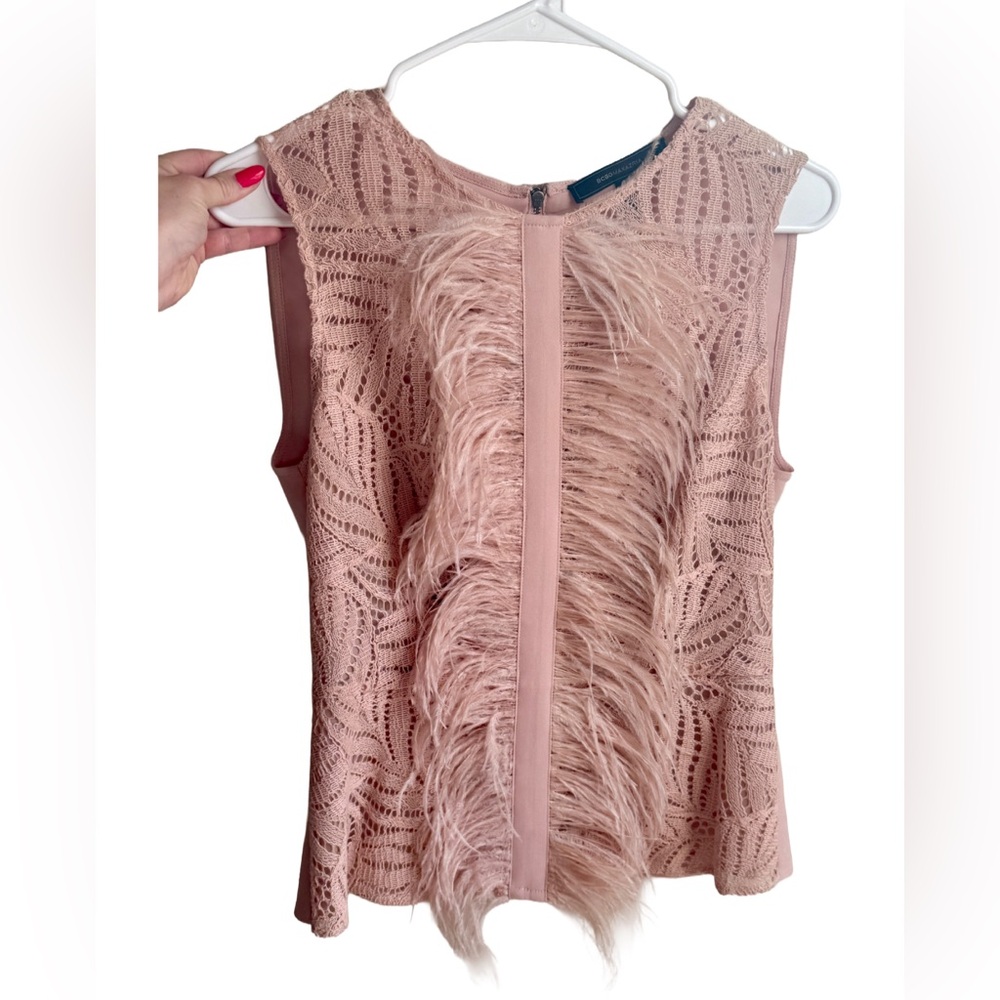 BCBGMaxAzria Blush Lace and Feather Peplum Top Pink Medium